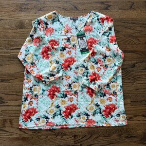 Mario Serrani Floral V-Neck Tunic Blouse 3/4 Sleeve XL NWT
